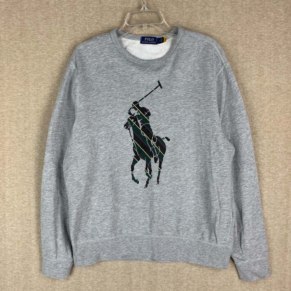 Polo Ralph Lauren Sweatshirt L Gray Big Pony Graphic Tartan Plaid Reverse Weave